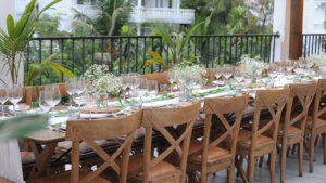 Overall view of decorated table for private party dinner