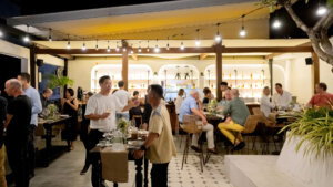 Panorama of guests at wine tasting